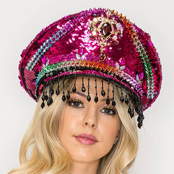 Nu Shuz Costumes Accessories - Nu Shuz Festival Vibrant Fuchsia Sequin Hat Beaded Black Bang Fringe
